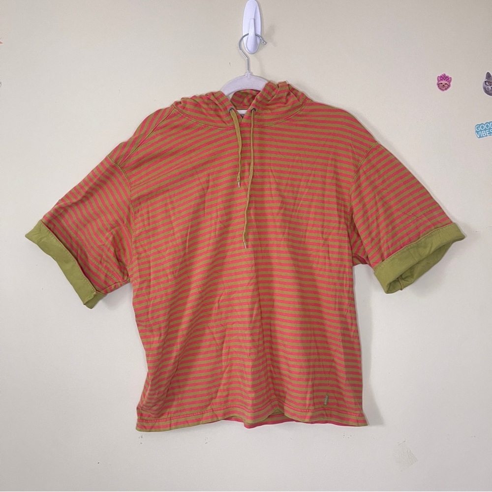 Vintage Espirit Striped Orange and Green Short Sleeve Hoodie